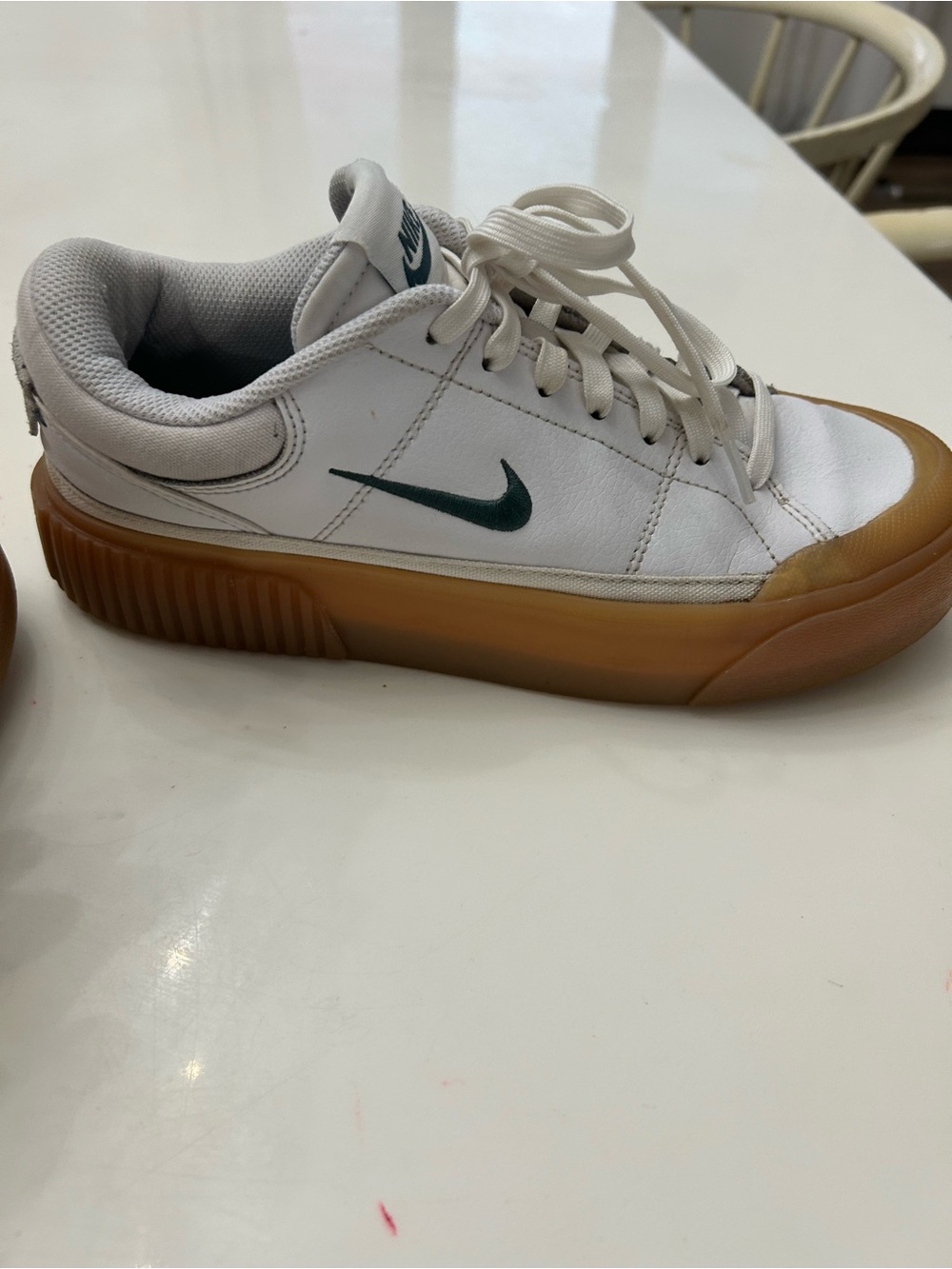Nike White Leather Sneakers with Gum Sole and Green Swoosh